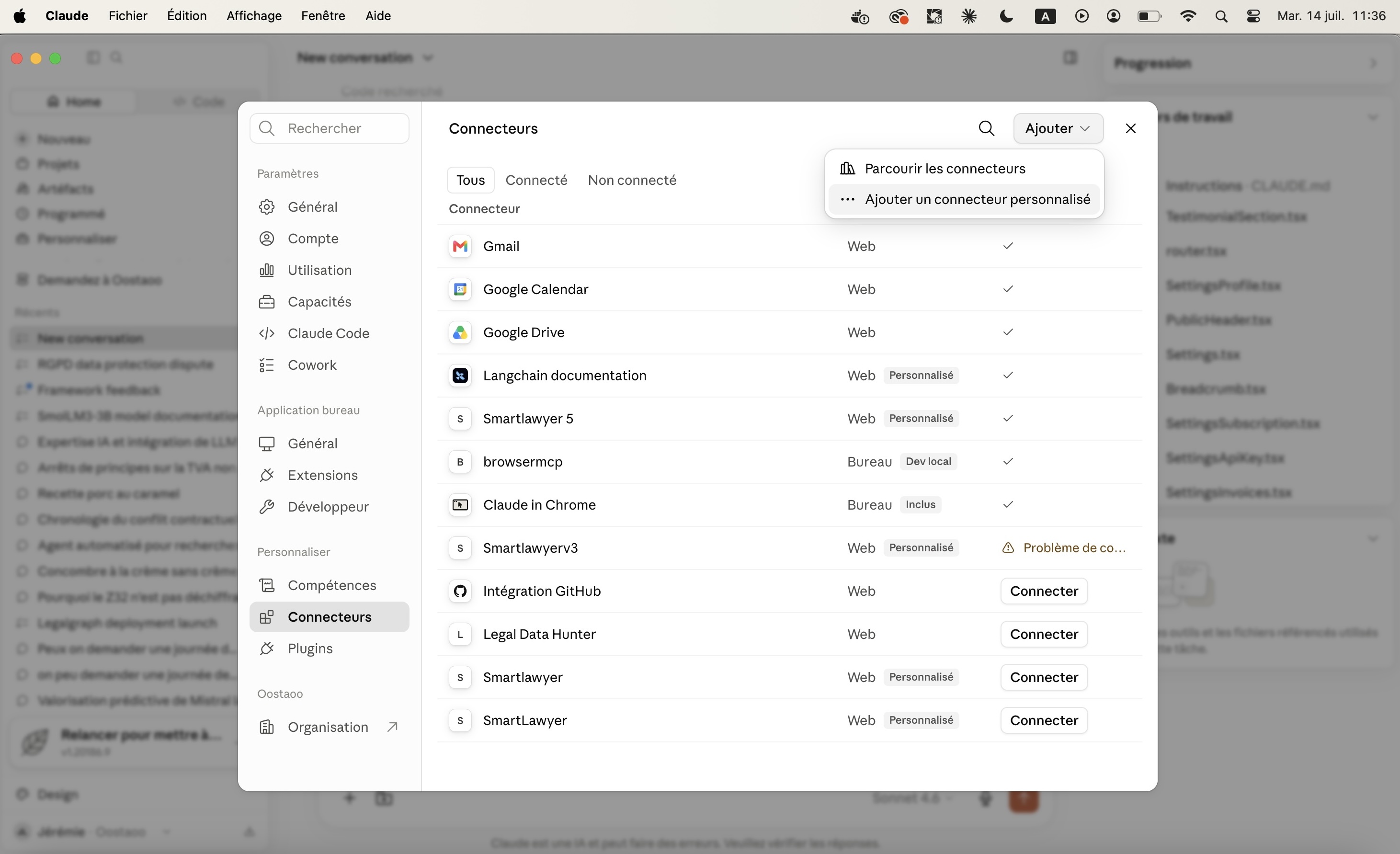Étape 1 — Claude.ai — Paramètres → Connecteurs MCP