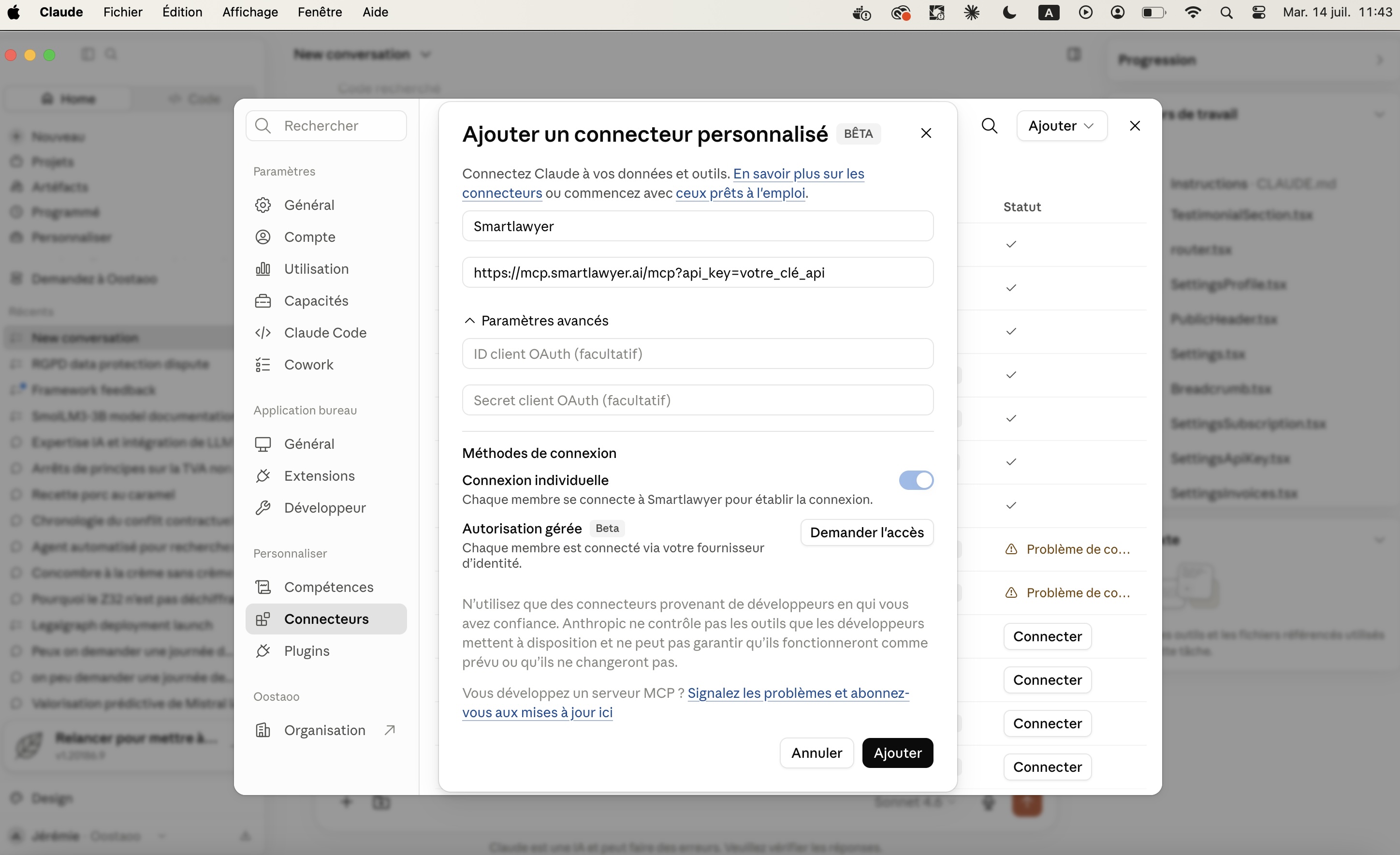 Étape 2 — Saisie de l’URL MCP SmartLawyer dans Claude.ai