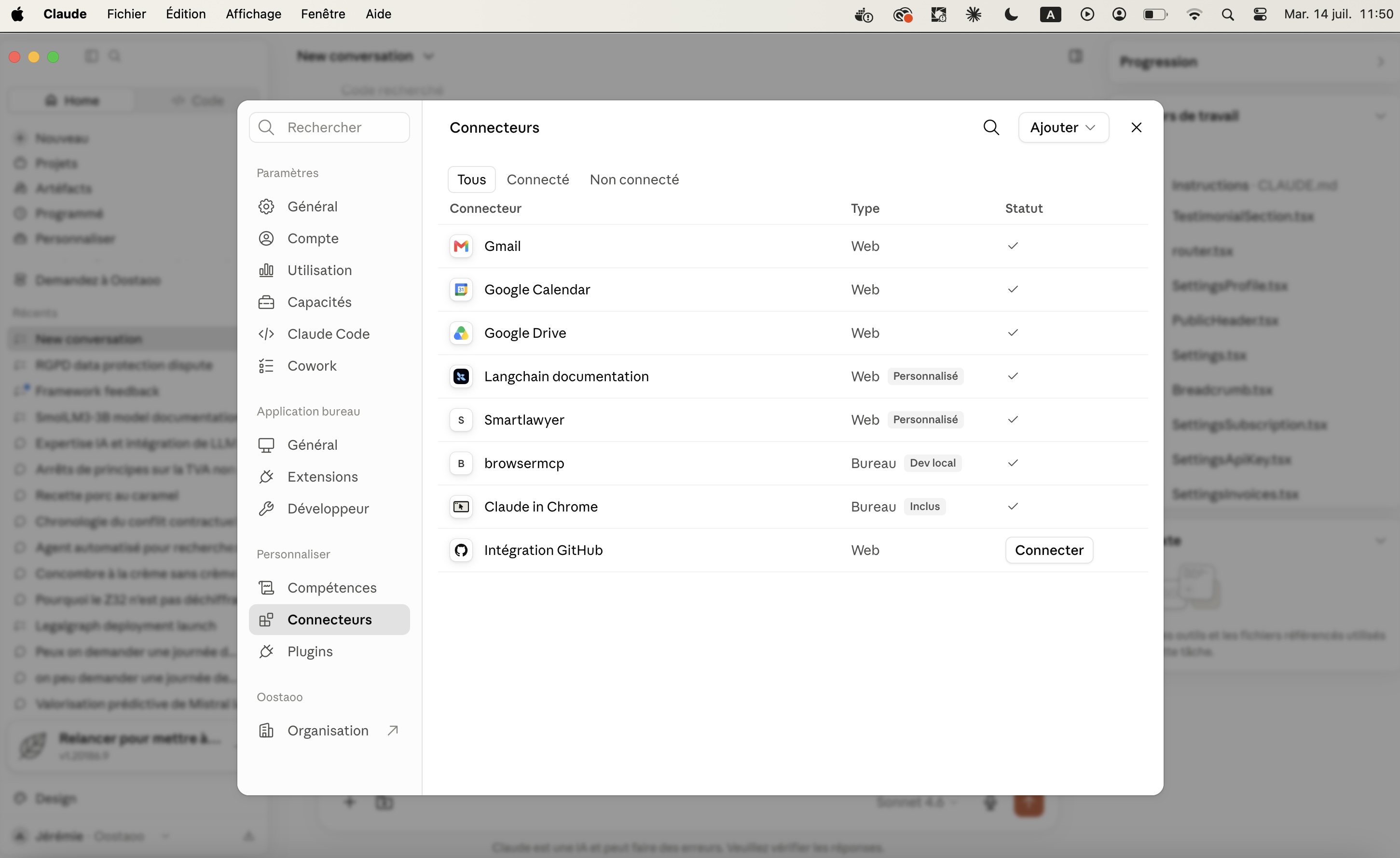 Étape 3 — Confirmation de connexion — Claude détecte les 17 outils SmartLawyer