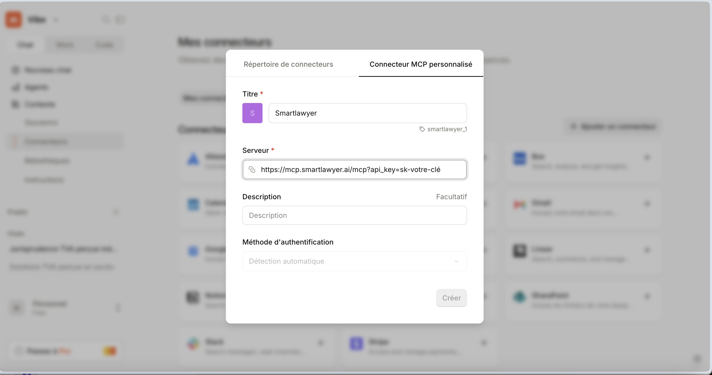 Étape 2 — Formulaire Connecteur MCP personnalisé — remplir Titre + URL