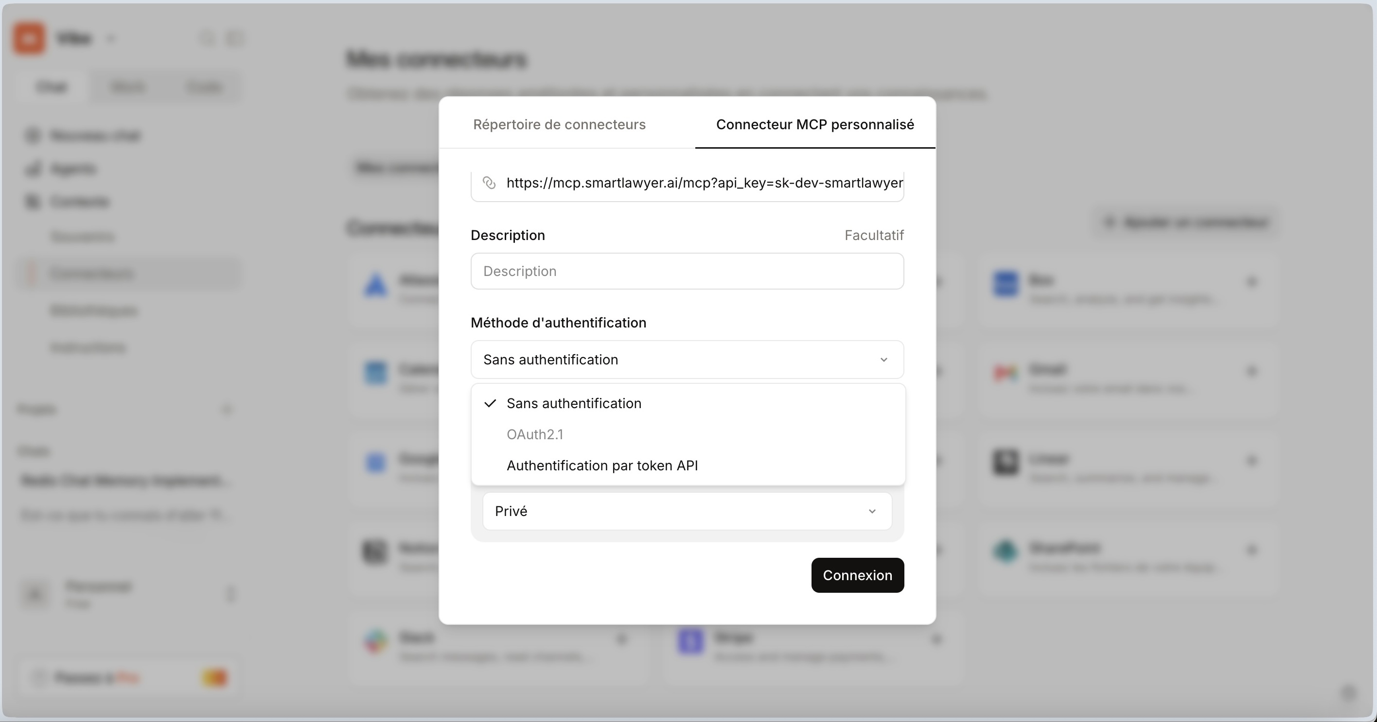 Étape 3 — Menu auth — choisir Sans authentification → Connexion